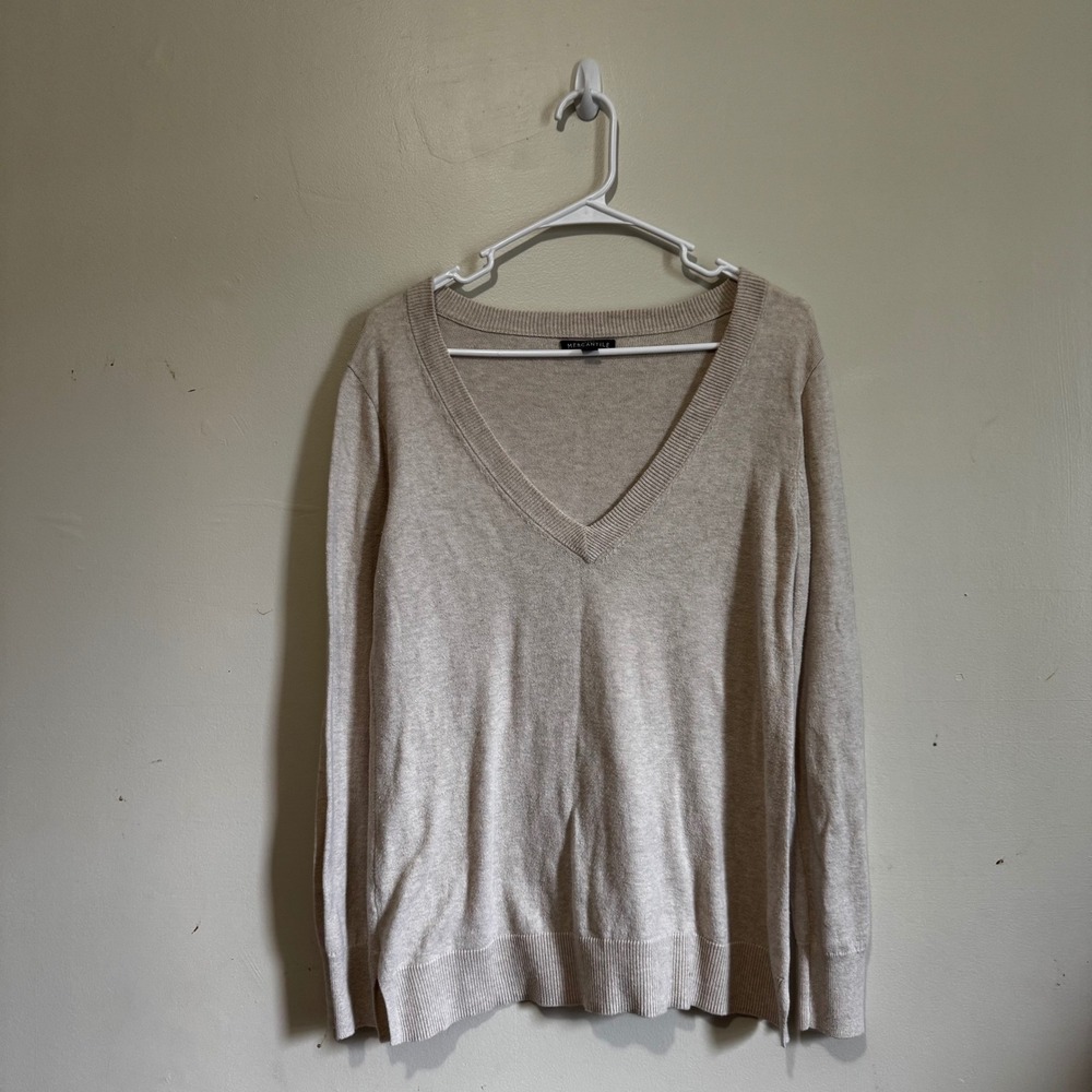 J. Crew Mercantile Women's Small Beige V-Neck 100% Cotton Knit Sweater Pullover